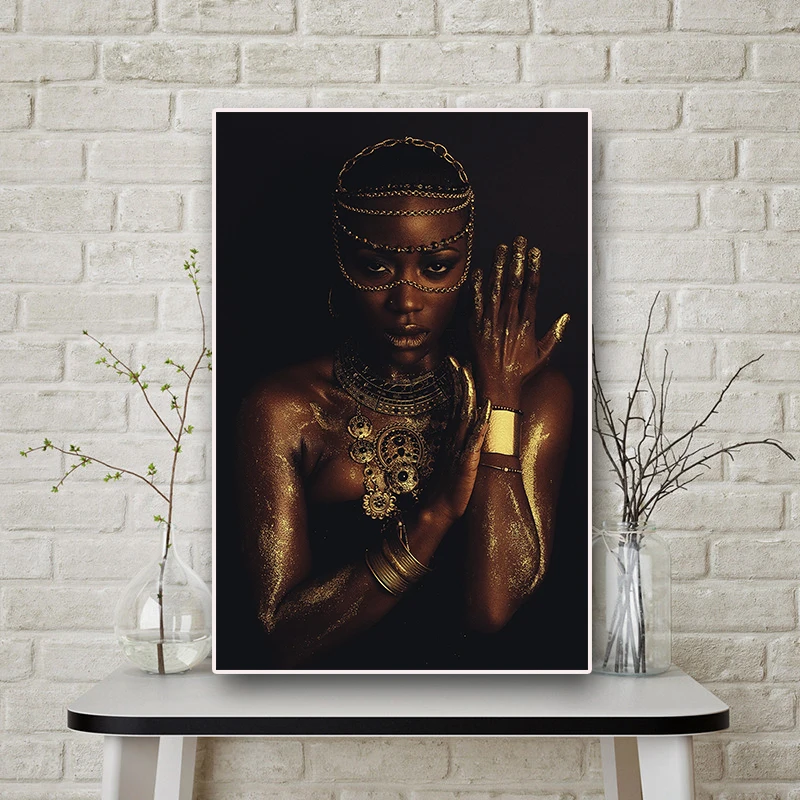 Черная и Золотая Обнаженная Африканская женщина с ожерельем холст живопись плакаты и печать скандинавские настенные картины для гостиной