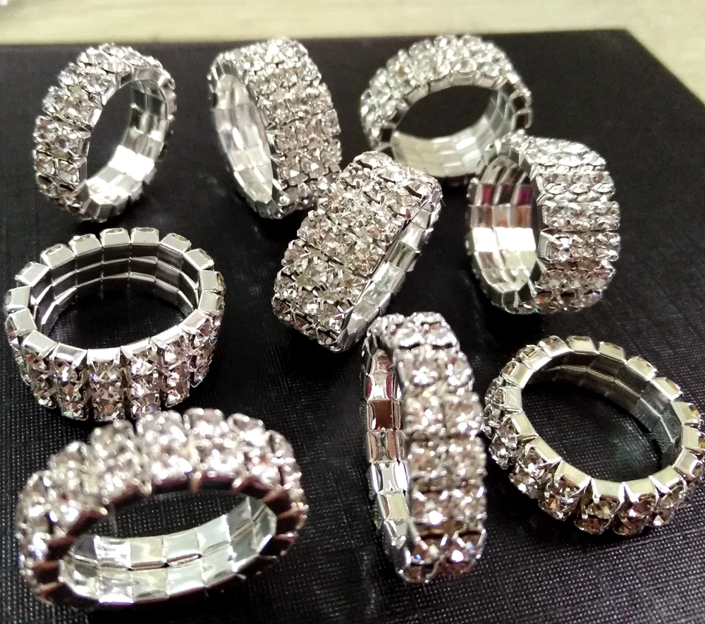 50pcs Luxury Flexible Resizable 2 Rows & 3 Rows Zircon Rings Women