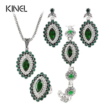 

Fashion Jewelry Sets Green Crystal Flower Bridal Bracelet Ring Necklace Earring 4PCS/Lot Antique Silver Color Vintage Jewelry