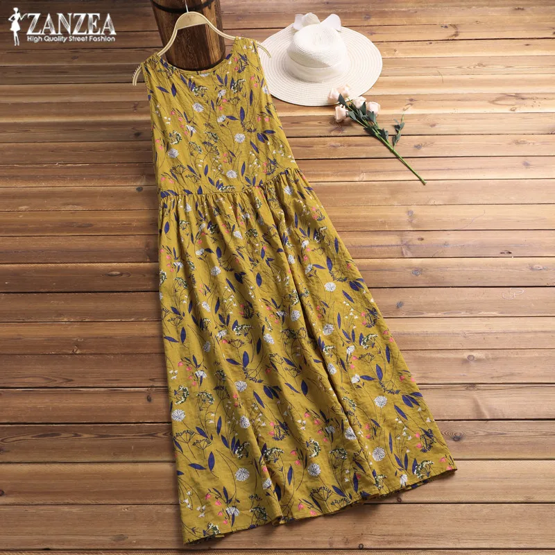 ZANZEA женский плиссированный льняной сарафан с принтом миди платье с высокой талией летнее платье больших размеров на бретелях Vestidos Casua Туника Robe Femme