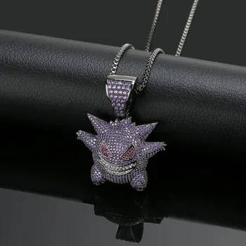 

JINAO Mask Gengar Necklace New Pokemon Pendant Hip Hop Jewelry Cubic Zircon Necklace Iced Out Chain Mens Gift