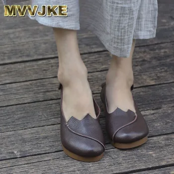 

MVVJKE Shoes Woman Flat Round Toe Slip on Ballet Flats 100% Authentic Leather Ladies Flat Shoes Anti-slip Women Moccasins