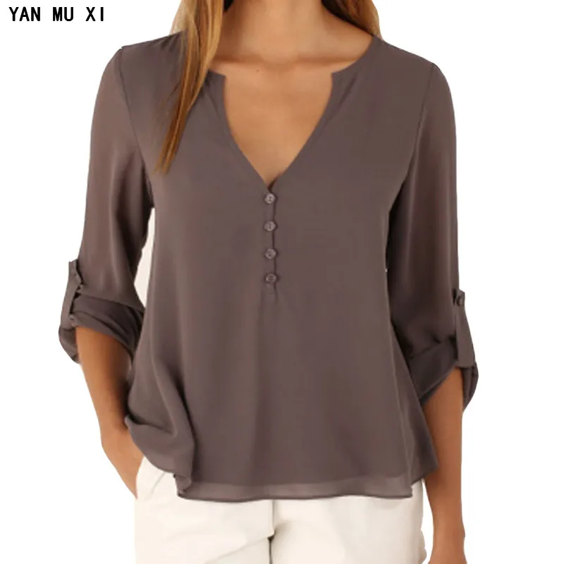 

Button Harajuku plain shirt European and American fashion temperament ladies long-sleeved V-neck loose large size chiffon shirt