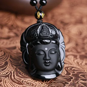 

Fashion Religious Matte Guanyin Buddha Head Carved Natural Obsidian Lucky Prayer Blessing Pendant Necklace Jewelry For Women Men