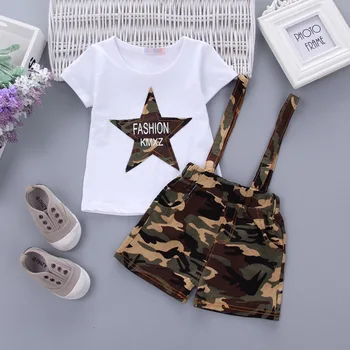 

Summer Baby Boy Clothes Korean Big Star Short Sleeved T-shirt Tops + Camouflage Bib Shorts 2PCS Outfits Kids Bebes Jogging Suits
