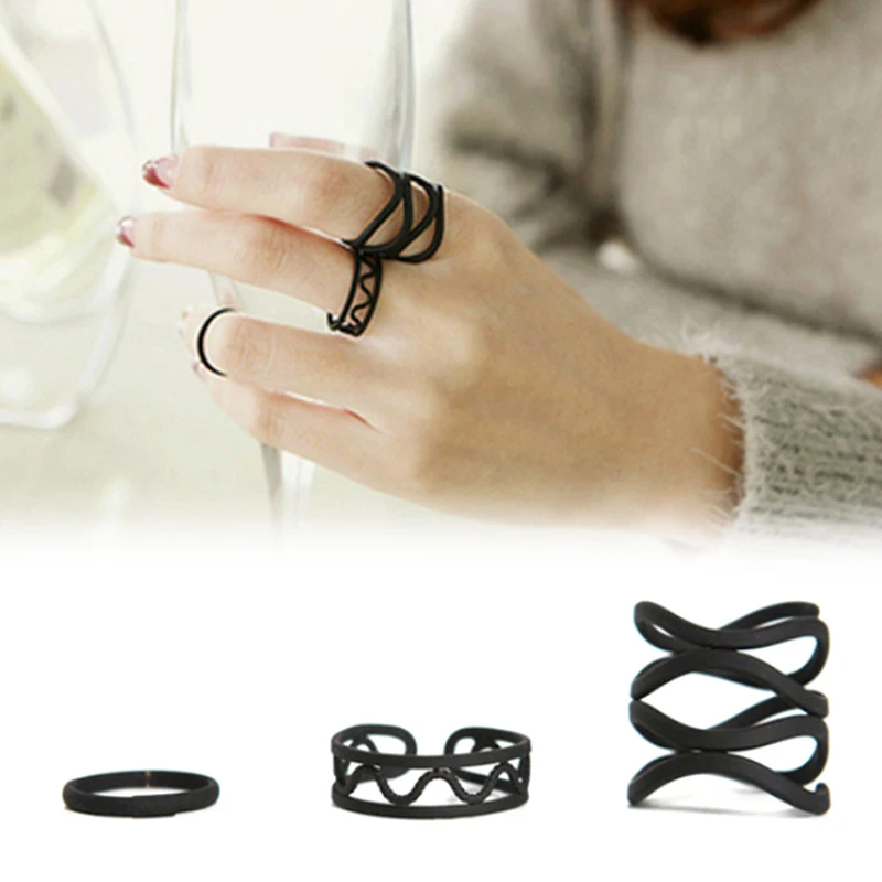 

High Quality Ring Set Unique Open Seaside Black Punk 3PCS/Set Adjustable Wave Fashion Jewelry Cross Graceful Beautiful Wedding