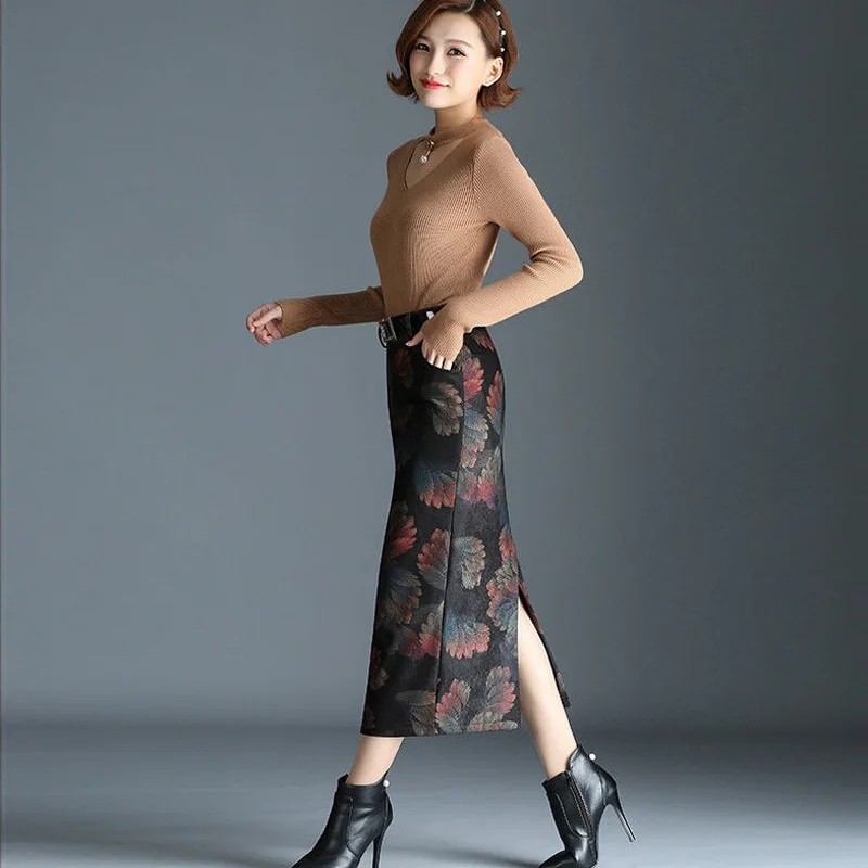 Vangull шерстяная Плотная юбка для женщин, Зимняя юбка с цветочным принтом, осень, высокая талия, разрез сзади, тонкая повседневная юбка с карманами, плюс размер