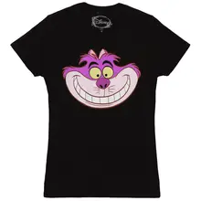 Alice In Wonderland Big Cheshire Kitten Face Licensed Womens Junior T-Shirt – Black Women Flash Summer Short Sleeves T Shirt