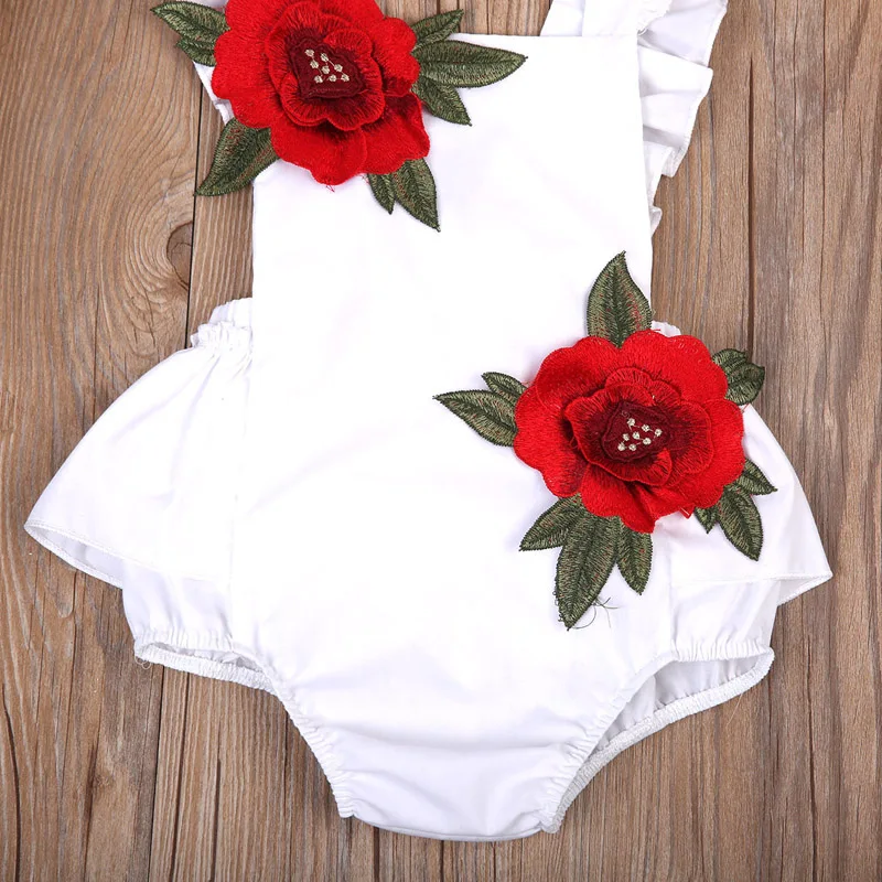 С рюшами для новорожденных девочек с вышитыми цветами розы без рукавов с открытой спиной Топ комбинезон принцессы детский летний пляжный костюм