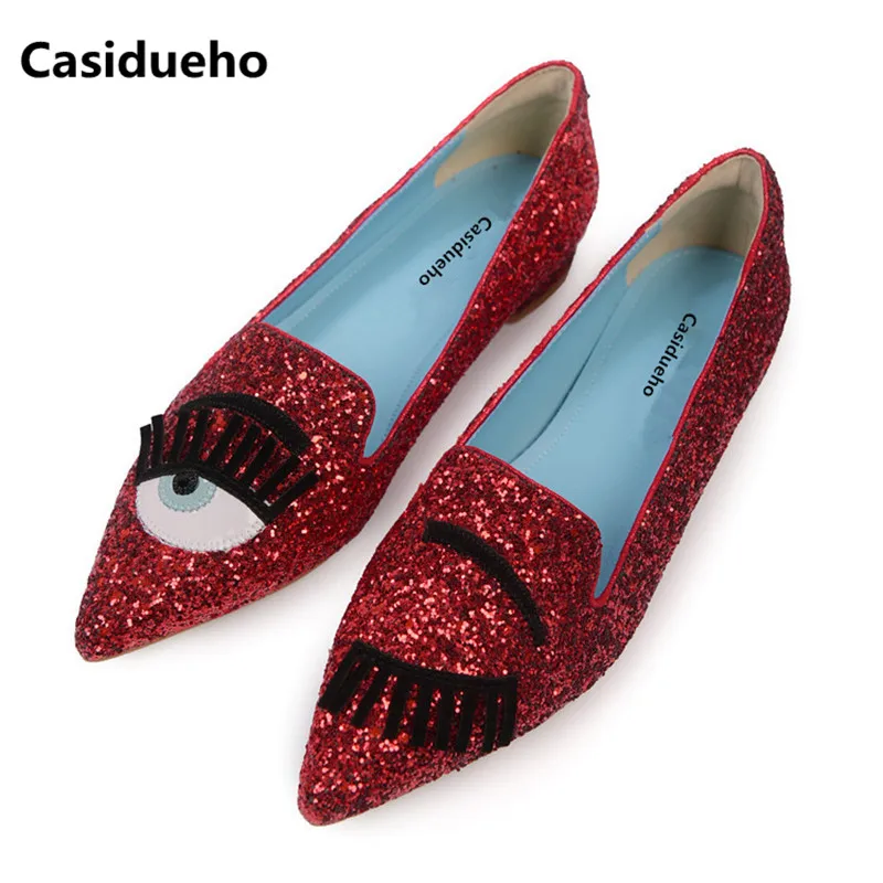 

Casidueho Eyes Bling Loafers Pointy Toe Shoes Woman Glitter Flats Leather Runway Oxfords Spring Single Shoes Sandalias Mujer 40