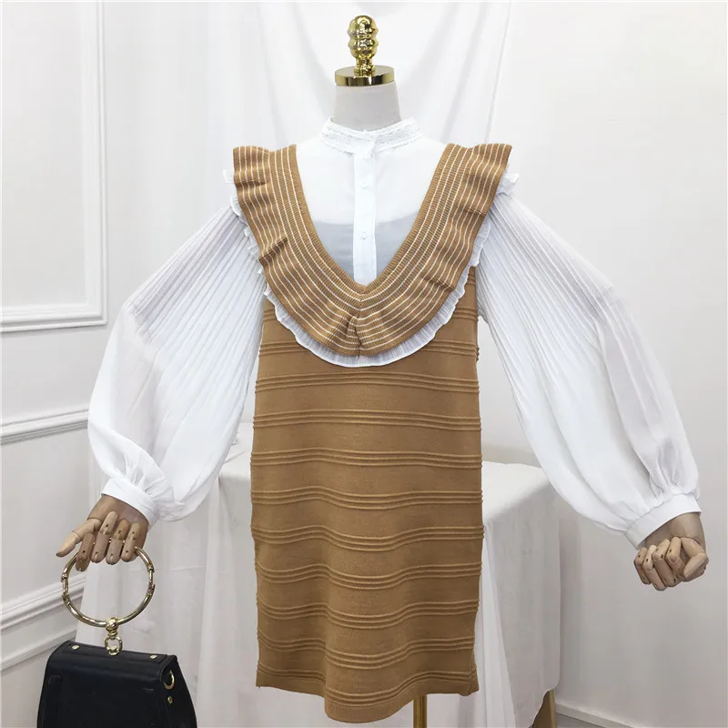 2019 Весенняя Новая женская рубашка комплект из двух предметов модная Свободная шифоновая рубашка + кружевные оборки платье без рукавов