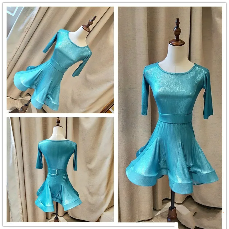 

Fashion Latin Dance Dress For Girls Shining Blue Ballroom Dancing Latin Dresses For Kid's Stage Performance Competition Costume
