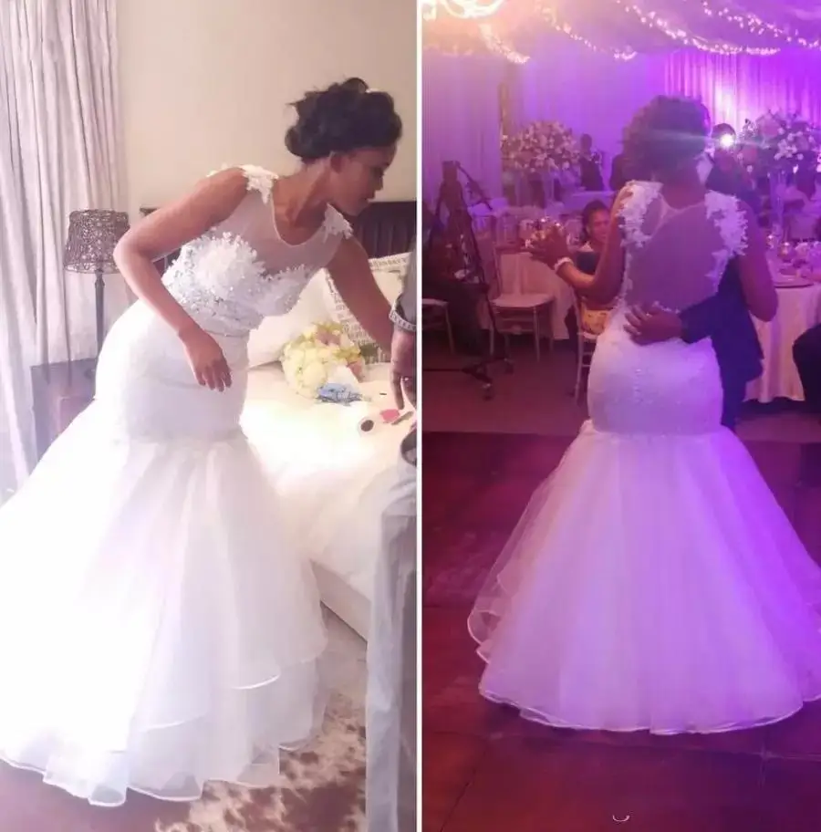 Plus Size Wedding Dress O Neck Mermaid Sleeveless Bride Lace Appliques Beads Gowns robe de mariee | Свадьбы и торжества
