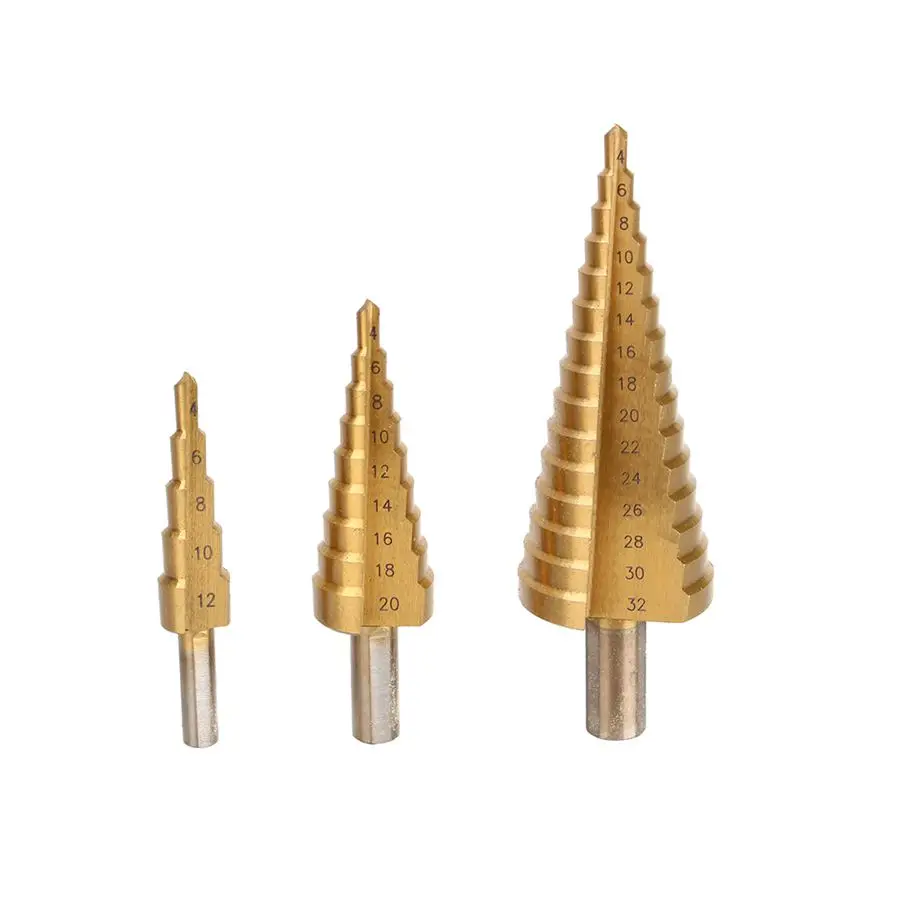 

3pcs/lot Hss Titanium Coated Step Drill Bits Set 4-12mm 4-20mm 4-32mm Core Drill Bit With Wood Box Package High Quality