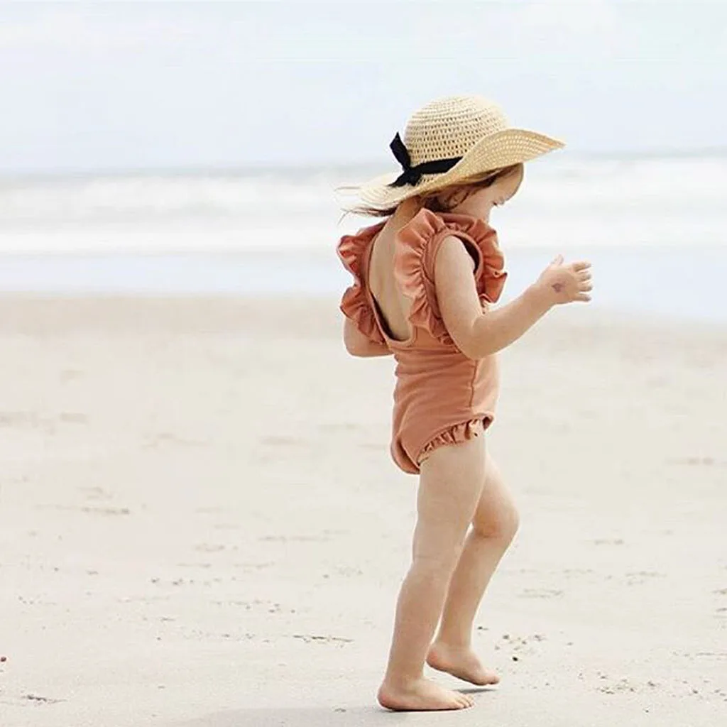 Лето, детский Одноцветный пляжный купальник с оборками для маленьких девочек, купальный костюм, пляжная одежда