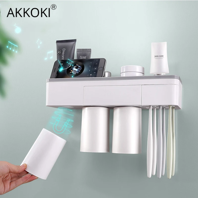 

Toothbrush Holder Magnetic Adsorption Inverted with Cup Wall Mount Makeup Toothpaste Bathroom Accessories Set Bathroom Storage