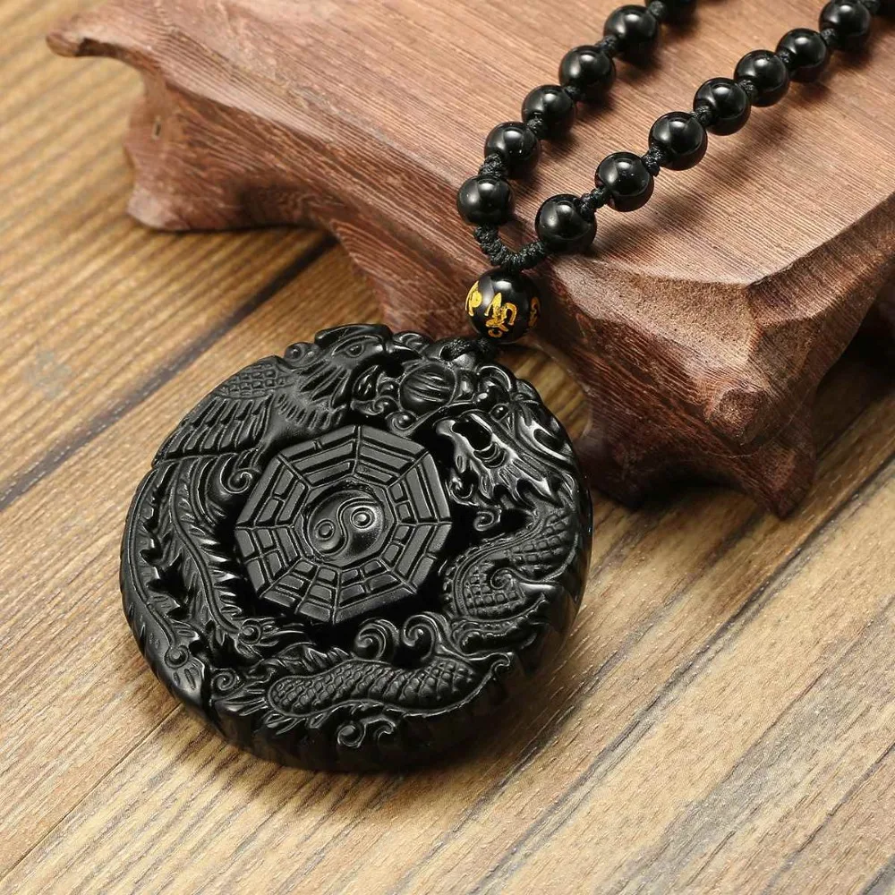 

Black Obsidian Hand Carved Pendant Necklace Dragon Phenix BaGua Lucky Amulet Pendant Maitreya Auspicious Jewelry Gift