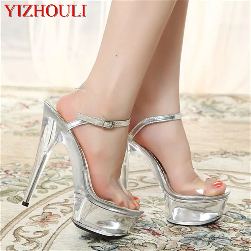 

Sexy women of 2018, crystal wedding dress with 15cm heel sandals, sheer sexy nightclub party shoes