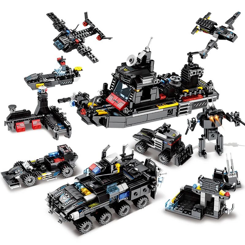 Billige 8 in 1 695Pcs Adler Kräfte SWAT Lkw Schiff Hubschrauber Fahrzeug Bausteine Kinder Spielzeug Für Kinder Kompatibel Legoings polizei