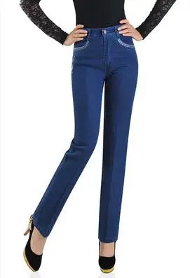 Весенне-осенние хлопковые модные повседневные женские прямые джинсы с вышивкой и высокой талией больших размеров - Цвет: 1