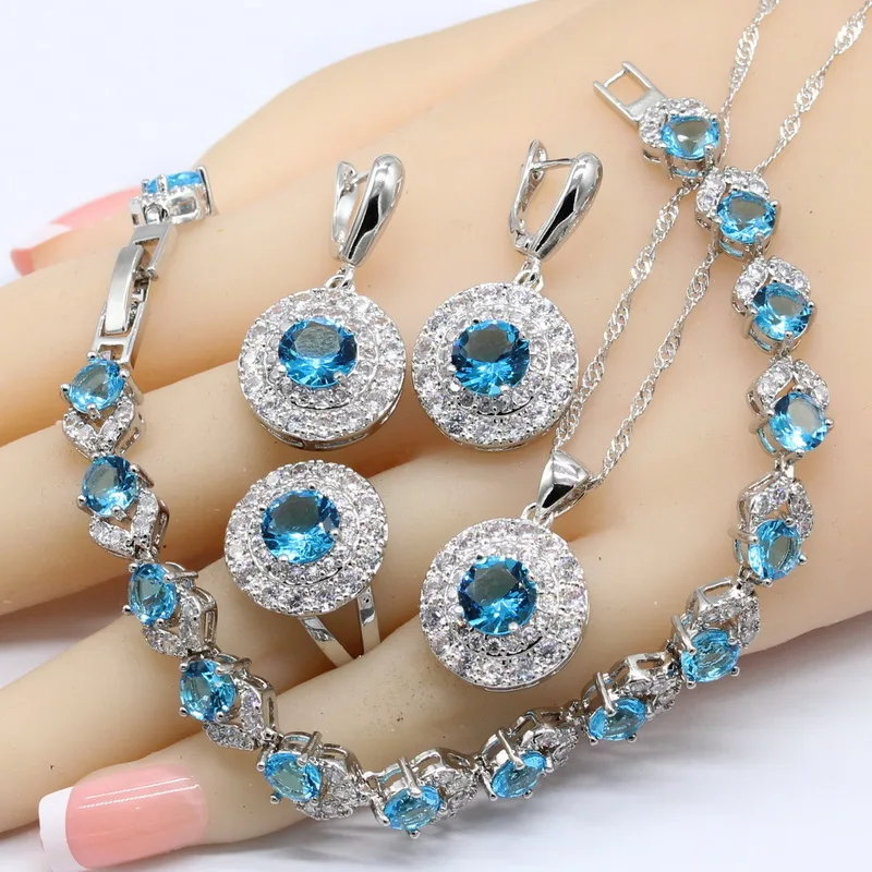 

Round Light Blue White CZ 925 Silver Jewelry Sets For Women Bracelet Earrings Necklace Pendant Rings Free Gift Box