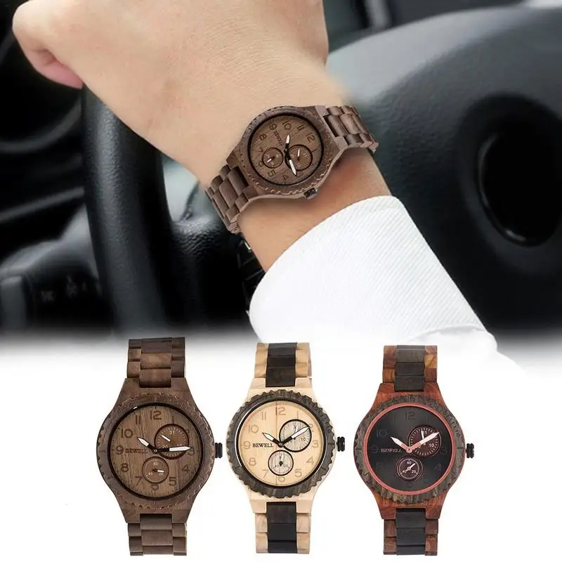 

BEWELL Mens Watches Top Brand Luxury Multi - Function Wooden Watch Luminous Pointers 100% Natural Wood Fashion New Watch 2019
