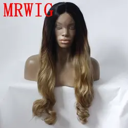 MRWIG темные корни 1b #/#27 светлые длинные вьющиеся волосы передний парик синтетического средняя часть, бесклеевой для Черный женщина волокна