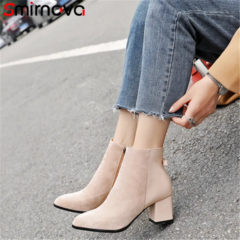 

Smirnova large size winter shoes HOT FASHION 2020 short plush woman boots high heel elegant pointed toe ankle boots flock boots