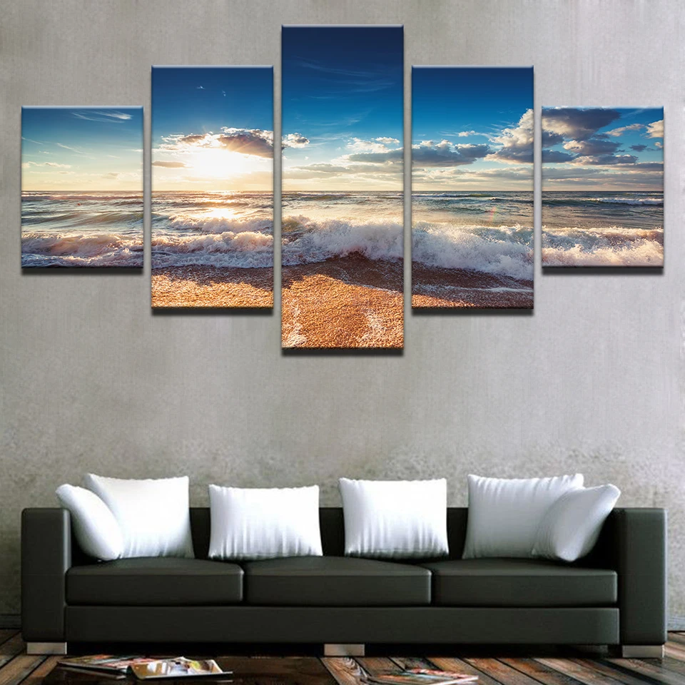 Wall-Art-Canvas-Print-Paintings-Home-Decor-Framework-5-Pieces-Sunshine-Beach-Sea-Waves-Seascape-Pictures