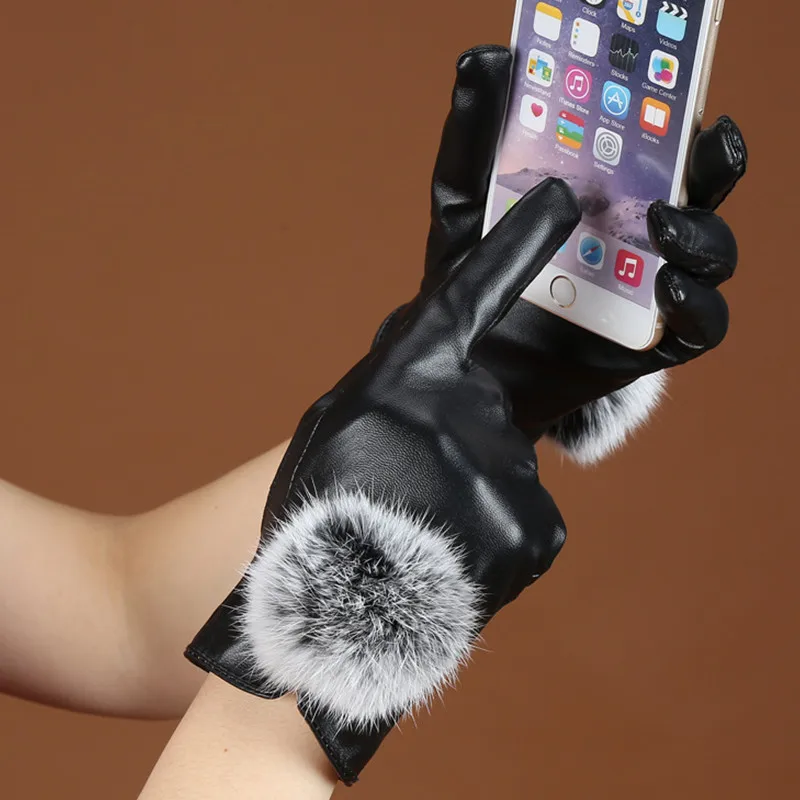

Warm Elegant Faux Rabbit Fur PU Leather Gloves for Winter Gloves Mitten Women Gloves Outdoor Driving TouchScreen Woman Gloves