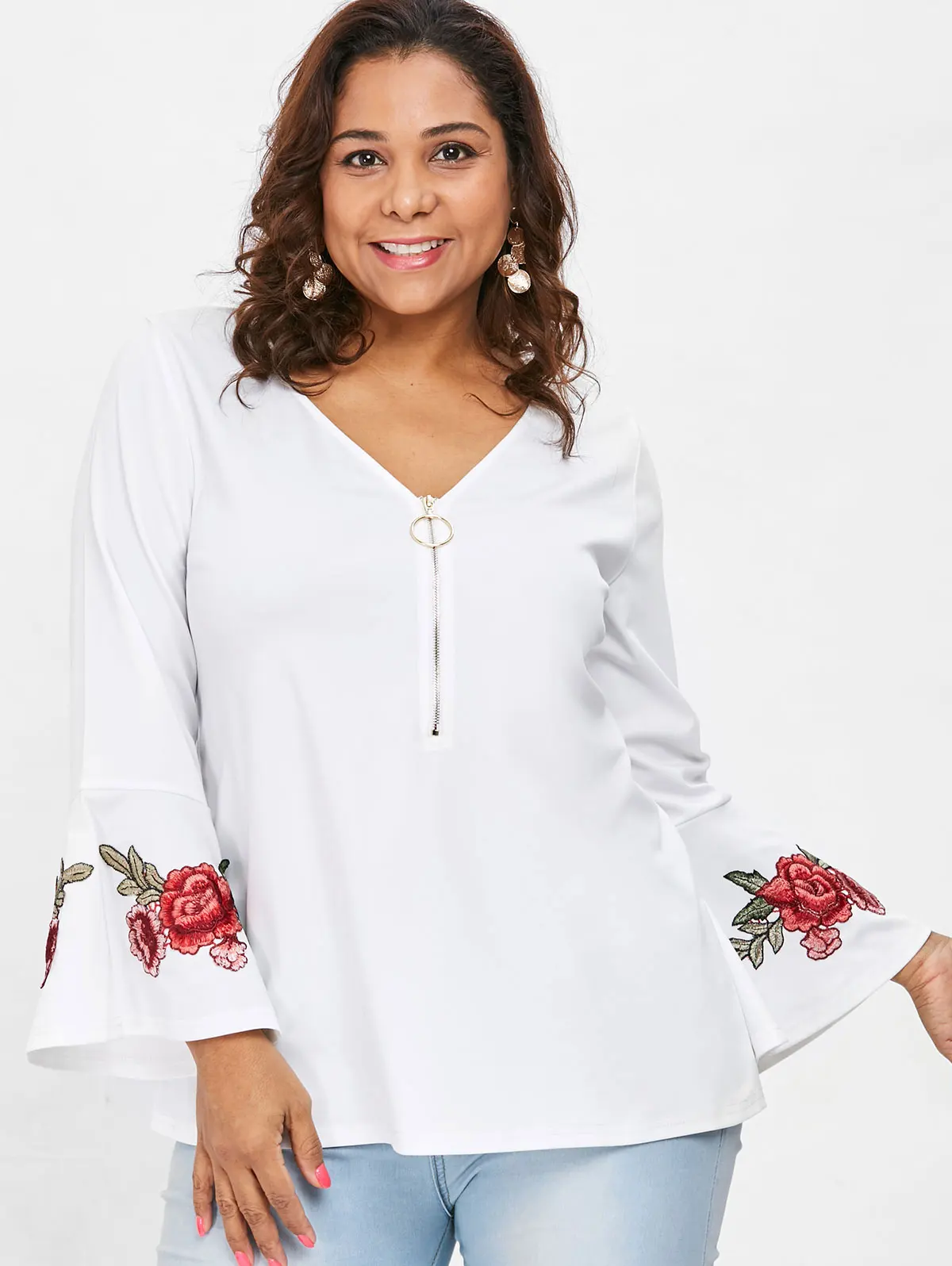 

Wipalo Plus Size 5XL Zipper Detail Floral Embroidered Blouse V Neck Flare Sleeve Women Tunic Blouse Casual Ladies Autumn Tops