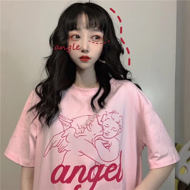 

Korean Japanese Cartoon Cute Character Girl/Boy/Angel/Lolita Kawaii Tee Top Women Ladies Student Pink White T Shirt T-Shirt 2019