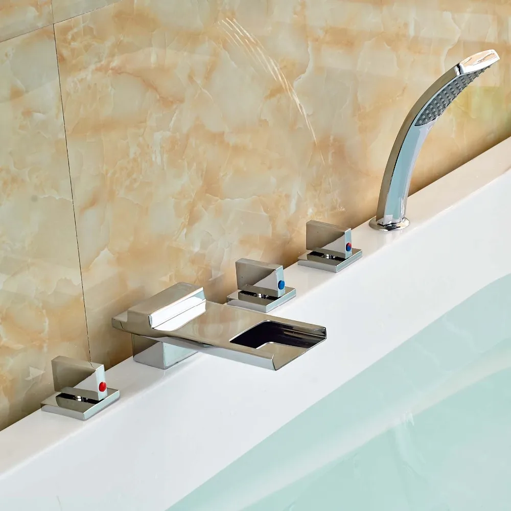 

Luxury Modern 5PCS Widespread Waterfall Bathroom Bathtub Roman Faucet Deck Mount Chrome Finish