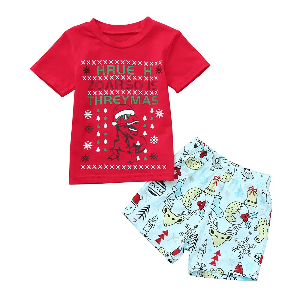  CHAMSGEND Toddler Baby Dinosaur Letter Cotton Blended Print Tops+Shorts Christmas Outfits Clothes J