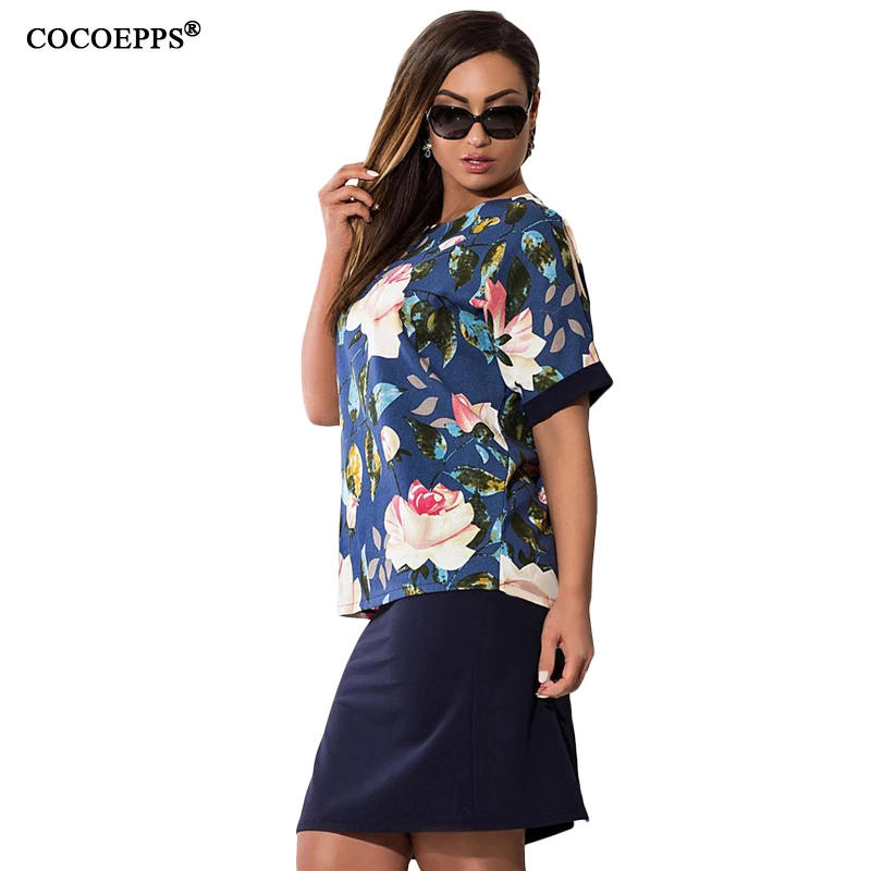 

CACNCUT Summer 6XL Plus Size Floral Print Women Dresses 2019 Big Size Elegant 2 Piece Set Dress Short Sleeve Office Vestidos