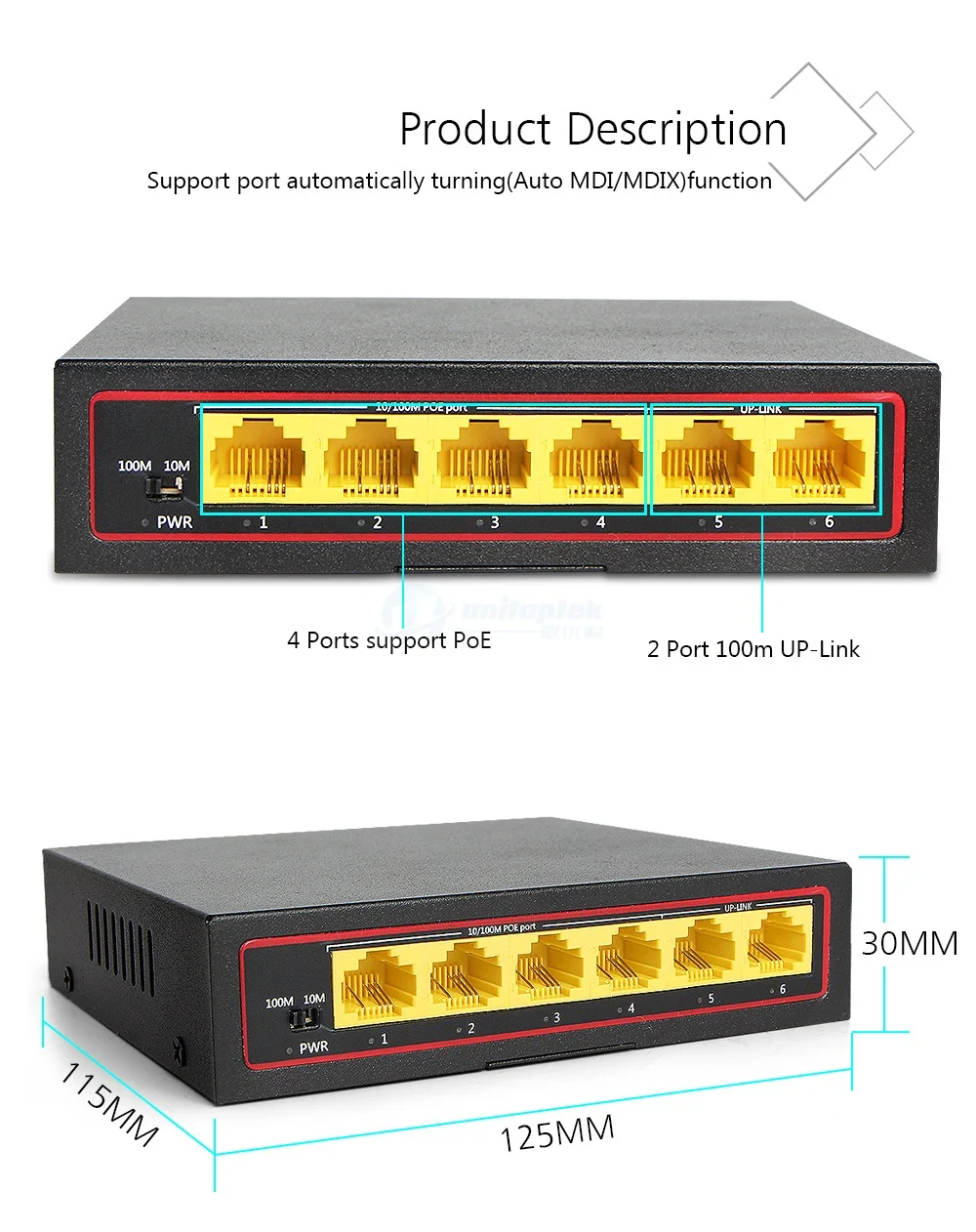 6 Порты и разъёмы Network 10/100 Мбит/с 2 до-Link 4CH POE коммутатор, 4 Порты 100 Mbps POE + 2ch 100 м uplink Мощность Over Ethernet IEEE802.3af