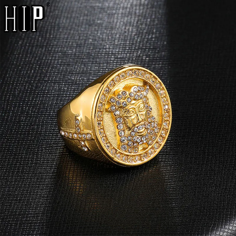 

HIP Hop Iced Out Bling Cross Jesus Ring Gold Color Stainless Steel Ring Micro Paved Rhinestone Rings for Men Jewelry