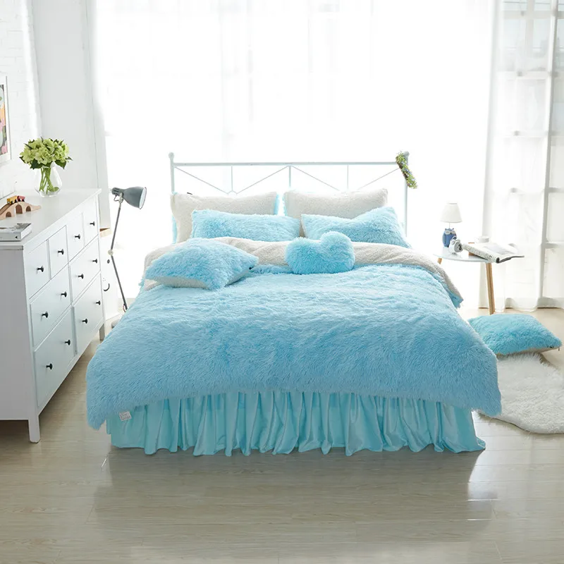 White Blue Princess Girls Bedding set Thick Fleece Warm Winter Bed set King Queen Twin size Duvet cover Pillow Cover Bed skirt 30