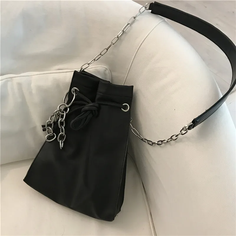 Модная сумка-мешок на цепочке, женские сумки через плечо, черная женская сумка на плечо из искусственной кожи, повседневная женская сумка, черная сумка
