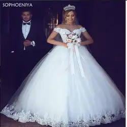 Vestido de novia Белый аппликации бальное платье Дешевые Свадебные платья с открытыми плечами Рубашка короткими рукавами Свадебные платья