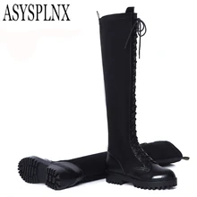 ASYSPLNX из натуральной коровьей кожи и лайкры черный с круглым носком Модные сапоги высотой до бедра для женщин осень западный элегантная женская обувь
