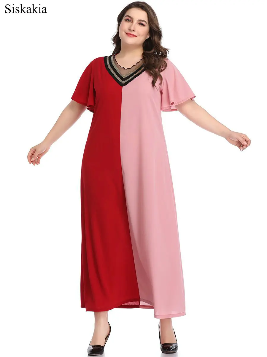 Siskakia Vintage Contrast Color Patchwork Dress For Women Mesh V Neck Flare Sleeve Red Ladies Dresses Plus Size Casual Clothing (2)