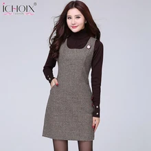 2020 Otoño Invierno de lana vintage Midi vestido chaleco nuevo de talla grande a cuadros vestido Houndstooth Slim Sexy Oficina mujeres rojo gris Vestidos