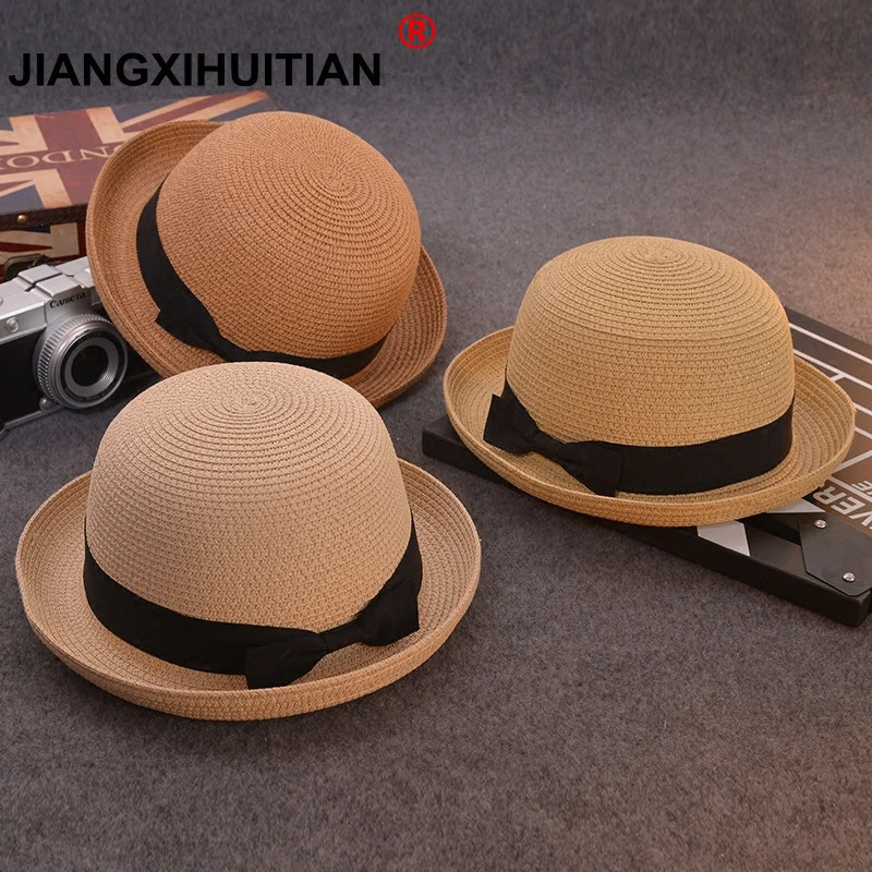 Lady Boater Sun Caps Ribbon Round Flat Top Straw Beach Hat Panama Hat Summer Hats for Women Straw Hat 
