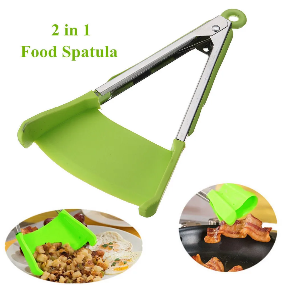

New 2 in 1 Smart Kitchen Spatula and Tongs Non-Stick Heat Resistant Stainless Steel Frame Silicone Tongs Kitchen Gadget