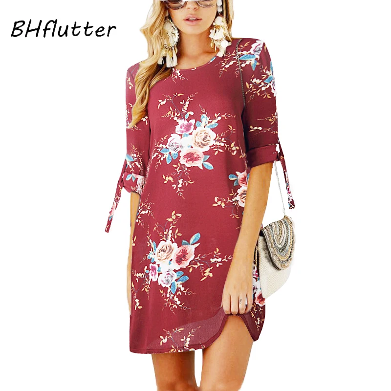 BHflutter размера плюс женское платье с цветочным принтом с коротким рукавом повседневное летнее платье с круглым вырезом короткие шифоновые платья Robe Femme ete