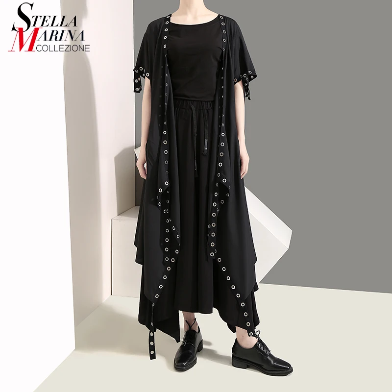 جديد 2019 الكورية نمط المرأة الصلبة أسود فضفاض سترة مفتوحة غرزة طويلة الشريط مع المعادن حفرة سيدة أنيق فريد ارتداء سترة 5096