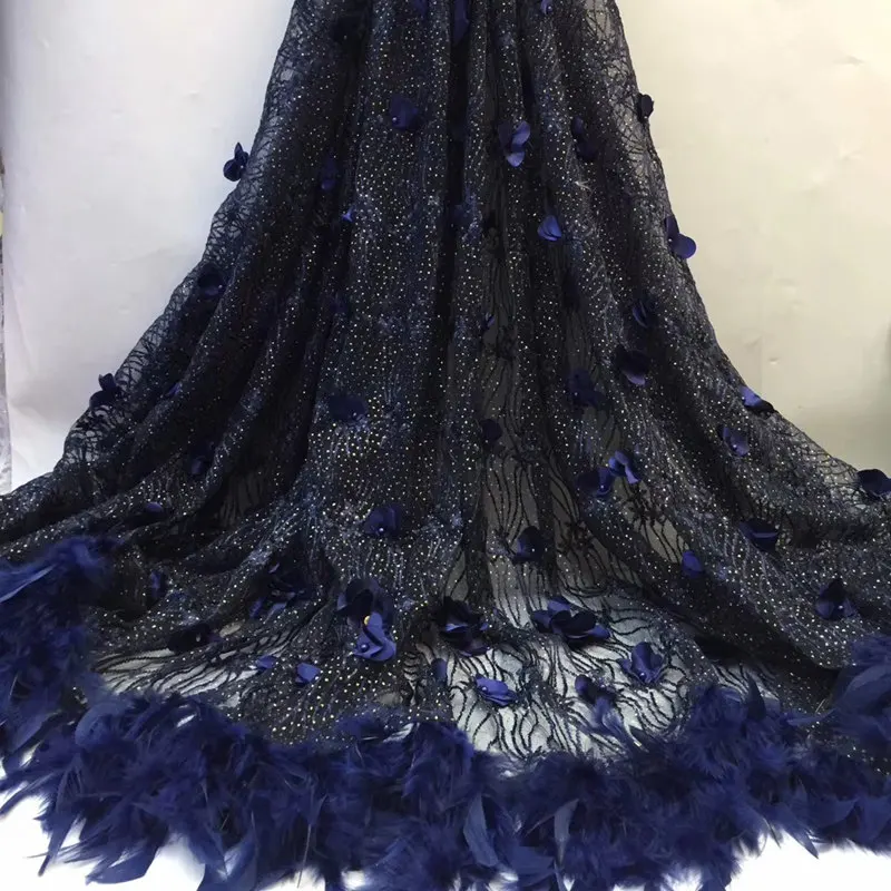 

5 yards Navy Blue beautiful African tulle lace Nigerian french lace fabric with beads applique high quality RG761