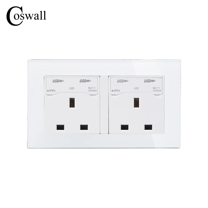 

COSWALL 2 Gang 13A UK Standard Wall Power Socket + 4 USB Charge Port With LED Indicator Tempered Glass Panel With Dust-proof Lid
