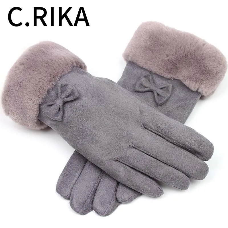 

New Women Winter Suede Bow Touch Screen Gloves Warm Thick Velvet Gloves Casual Fashion Elegant Riding Mittens Outdoor Ski Glove